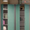 Two tall, light teal metal cabinets are shown with their doors open, revealing shelves stocked with various items like buckets, containers, and boxes. The cabinets are set against a light-colored, paneled wall. Produktbild-Vorschau