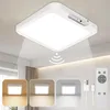A collage showing a white square LED ceiling light with different color temperature examples and accessories like a remote and USB cables. Produktbild-Vorschau