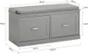 A grey shoe cabinet with a grey upholstered seat on top, showing dimensions. Náhľad obrázku produktu