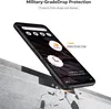 A black phone case is shown at an angle, resting on a cracked concrete surface. Text overlays highlight its protective features. Produktbild-Vorschau