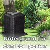 A black compost bin is shown in a garden setting with lush green plants and purple flowers in the background. Text overlays the bottom of the image. Produktbild-Vorschau