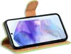A green flip case for a smartphone is shown open, displaying the phone's screen with a colorful abstract image. Produktbild-Vorschau