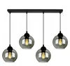 A product shot of a black pendant light fixture with four grey glass globes. Produktbild-Vorschau