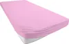 A pink fitted sheet is shown on a mattress, with the elastic edge bunched up. Produktbild-Vorschau