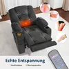 A dark gray electric recliner chair with massage and heat functions, shown with overlay graphics indicating massage points and heat zones. Several inset images show anatomical diagrams of areas that can be massaged. A remote control is visible in the foreg Produktbild-Vorschau