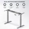 A gray adjustable desk frame with informational icons and text above it. Produktbild-Vorschau
