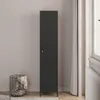 A tall, narrow black locker stands against a light gray wall, next to a window with white curtains. A black wire basket filled with blankets is on the floor to the left of the locker. Produktbild-Vorschau