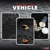 Collage of three close-up images showing black car floor mats with water and leaves on them, and a paper cup with liquid spilled on one mat. Produktbild-Vorschau