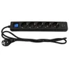 A black power strip with multiple outlets and USB ports, connected to a black power cord and plug. Produktbild-Vorschau