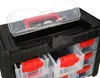 A close-up view of a black and red parts organizer with clear drawers. Produktbild-Vorschau