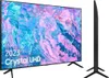 A Samsung Crystal UHD TV is shown from a side-angle and a front-angle, with a colorful abstract image displayed on its screen. Produktbild-Vorschau