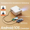 A projector connected to two smartphones via cables, illustrating wired smartphone connection options. Podgląd zdjęcia produktu