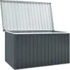 A gray outdoor storage box with its lid open, shown against a white background. Voir les images du produit