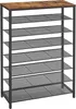 A multi-tiered shoe rack with a wood-effect top shelf and black metal mesh shelves. Náhled obrázku produktu