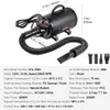 A black dog dryer with dimensions and specifications displayed. Náhled obrázku produktu