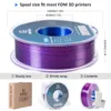 A spool of purple 3D printer filament is shown with dimensions and packaging details. Produktbild-Vorschau
