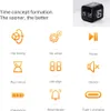 A collage of icons and text describing the features of a cube timer, with a product shot of the timer in the top right corner. Produktbild-Vorschau