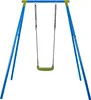 A blue metal swing set with a green swing seat, isolated on a white background. Produktbild-Vorschau