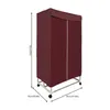 A burgundy colored clothes drying rack with wheels and a fabric cover, shown on a white background with dimensions indicated. Náhled obrázku produktu