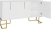 A white sideboard with gold legs and handles is shown against a white background. One of the doors is open, revealing shelves inside. Voir les images du produit
