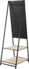 A black metal A-frame stand with two light wood shelves and a black panel. Podgląd zdjęcia produktu