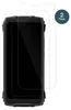 Two screen protectors are shown on a white background, with one placed on top of a black smartphone. Produktbild-Vorschau