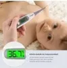 A hand holds a digital thermometer next to a baby. Produktbild-Vorschau
