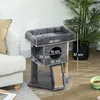 A cat tree with dimensions labeled is shown in a living room setting next to a sofa and a potted plant. Produktbild-Vorschau