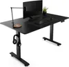 A black height-adjustable desk with a monitor, keyboard, mouse, lamp, and headphones.