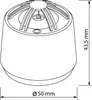 A technical drawing of a small, round device with a grille on top, showing its dimensions. Produktbild-Vorschau