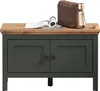 A bench with two doors and a wooden top, with a magazine and a bag on top. Anteprima dell’immagine prodotto