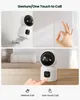 The image shows two scenes demonstrating the gesture and one-touch call features of a security camera. The top scene shows the camera mounted on a wall and a hand making an 'OK' gesture. The bottom scene shows the camera on a table and a finger pressing a  Produktbild-Vorschau