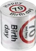 A roll of toilet paper with birthday-themed text and graphics, presented in a clear plastic cylindrical container. Produktbild-Vorschau