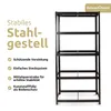 A black metal shelving unit is shown with text describing its features. Produktbild-Vorschau