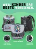 Three school backpacks are displayed on a green background, with text overlays highlighting features. Produktbild-Vorschau