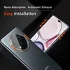 A close-up marketing image showing a smartphone with a protective screen and camera cover. Orange arrows indicate airflow, suggesting features like automatic exhaust and nano adsorption. Produktbild-Vorschau