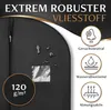 A close-up marketing image of a black garment bag, highlighting its features with text and icons. Produktbild-Vorschau
