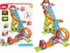 A collage of images showing a toy car race track and its components, with one image featuring a child. Voir les images du produit