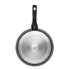 The bottom view of a black frying pan with a silver, textured base and a black handle. Produktbild-Vorschau