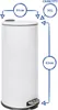 A white pedal bin with measurement indicators for its dimensions and capacity. Produktbild-Vorschau
