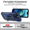 A blue iPhone case with a kickstand and camera cover is displayed, along with comparison images of 'OUR' and 'OTHER' cases. Produktbild-Vorschau