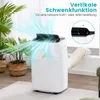 A white mobile air conditioner unit with a flexible exhaust hose attached, placed in a room with plants and furniture. Blue lines indicate airflow. Produktbild-Vorschau