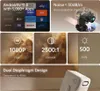 A collage of images showcasing the features of a projector, including its app interface, internal components, resolution, contrast, brightness, and design. Produktbild-Vorschau