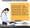 A woman interacting with a printer, with a list of compatible printer models. Produktbild-Vorschau