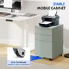 A gray filing cabinet with a printer on top, placed next to a white standing desk in an office setting. An inset shows a close-up of one of the cabinet's wheels with text overlay. Produktbild-Vorschau