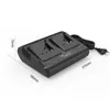 A black dual battery charger with dimensions indicated by dashed lines and measurements. Produktbild-Vorschau