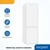 A white refrigerator is displayed against a white and orange background, with informational icons and text. Produktbild-Vorschau