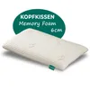 A white memory foam pillow is shown on a white background with a green overlay containing text. Produktbild-Vorschau