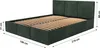 A dark green upholstered bed frame with a slatted mattress base, shown from a side angle with dimensions indicated by measurement lines and text. Produktbild-Vorschau