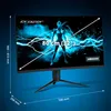 A curved gaming monitor with a futuristic graphic on screen and dimensions indicated. Produktbild-Vorschau